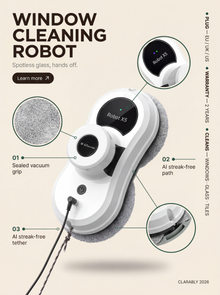 Clarably Glide window cleaning robot — features infographic
