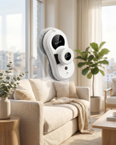 Clarably Glide robot cleaning a sunlit window in a modern home